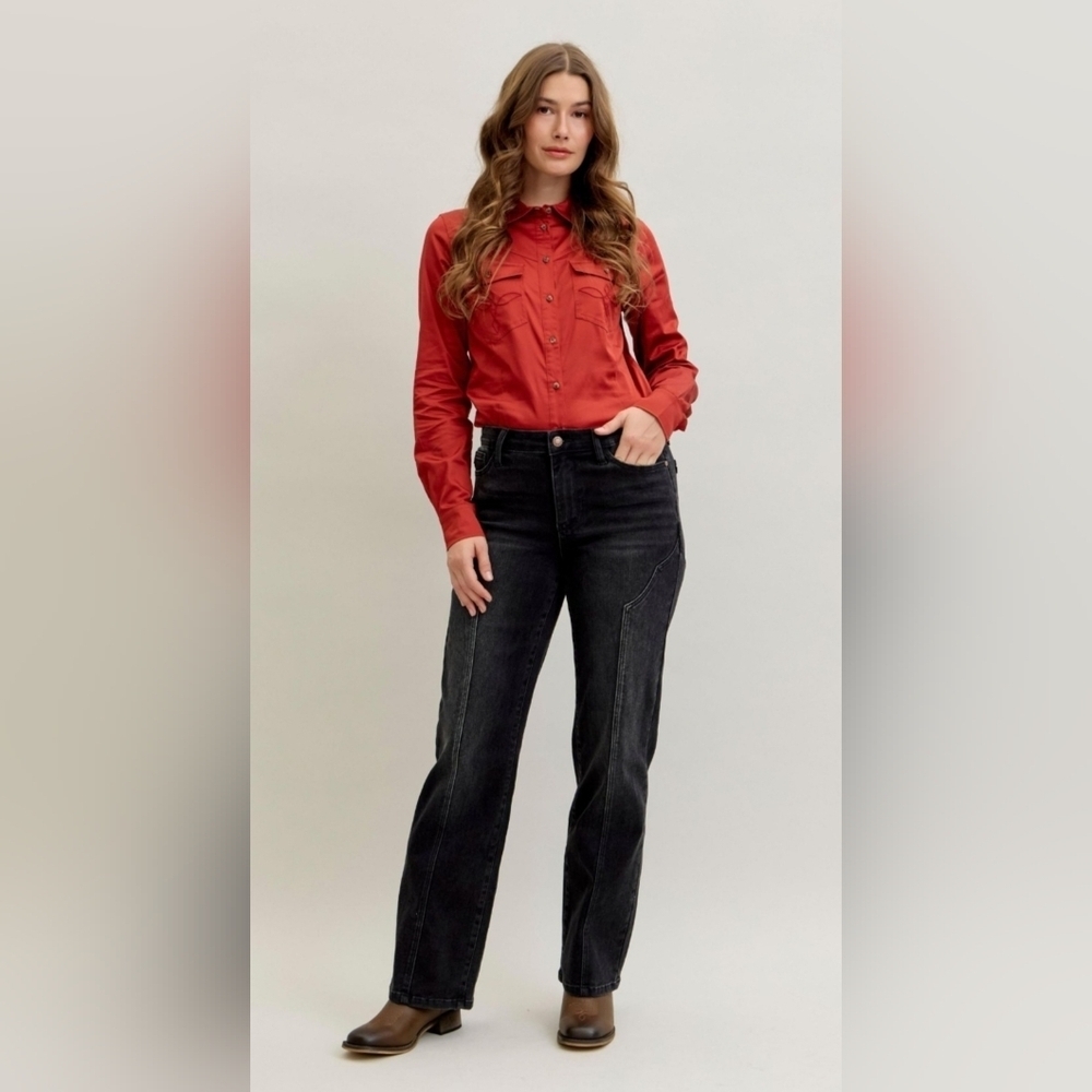 Judy Blue MR Black Wash Straight Jeans Western Seam Detail Neutral Various NEW